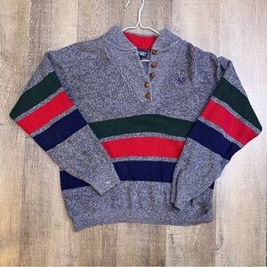 Lands' End Women's V-Neck Sweater - Gray with Red, Green, and Blue Stripes